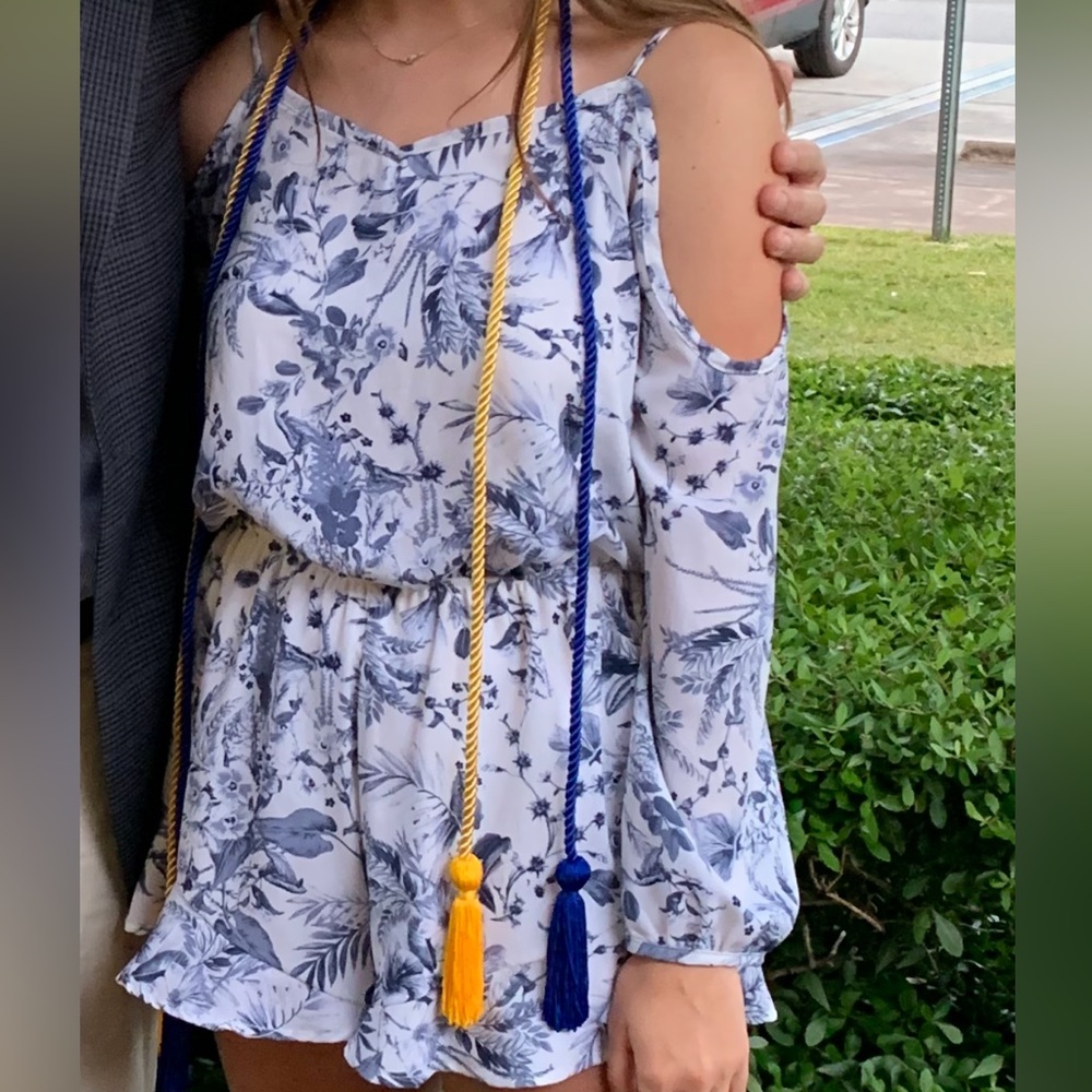 Altard state cold shoulder blue and white romper